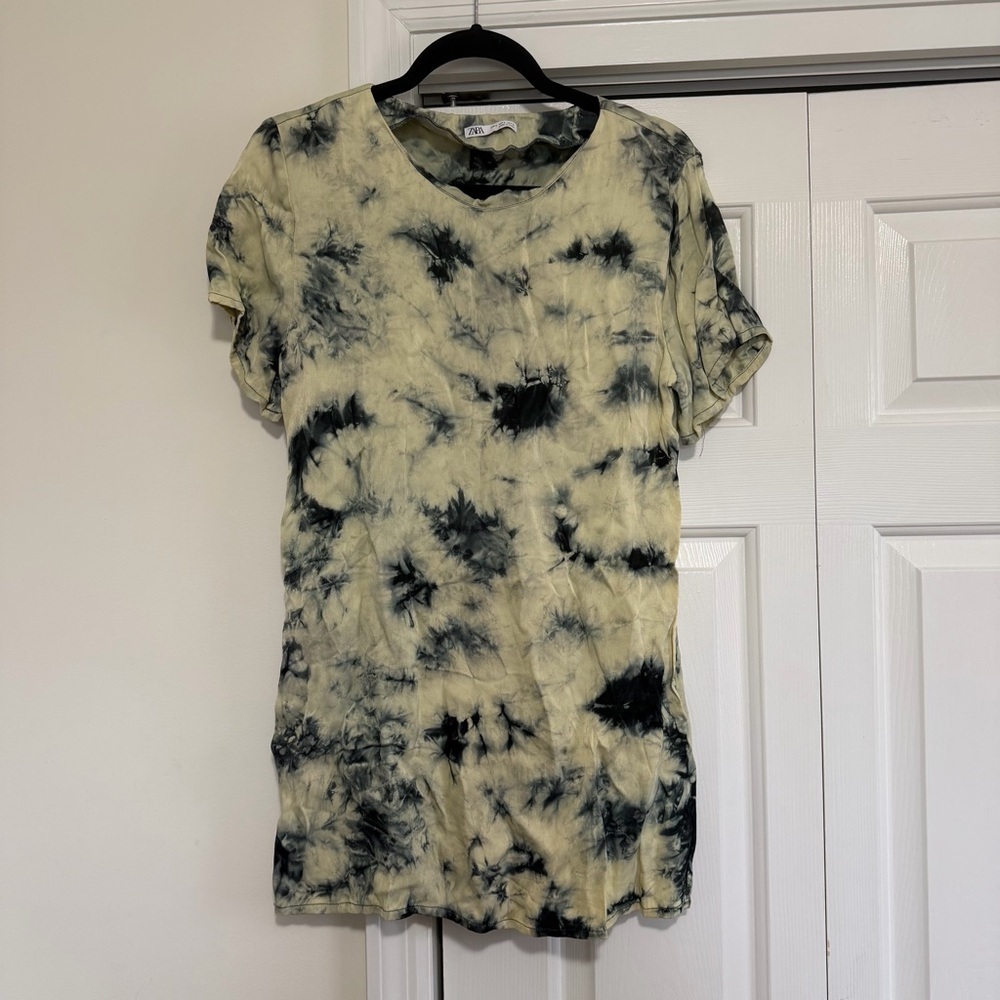 Zara Cream Navy Blue Tie Dyed Tee Shirt Style Dress Short Sleeve Size Small - Picture 1 of 8